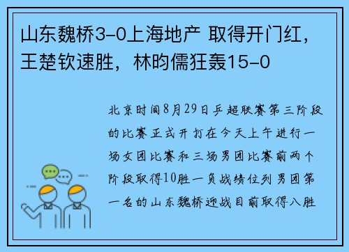 山东魏桥3-0上海地产 取得开门红，王楚钦速胜，林昀儒狂轰15-0